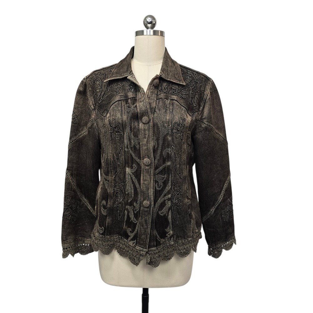 Flashback Women's Embroidered Brown Jacket Western Lace Trim Size Petite Large